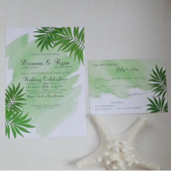 Tropical Palm Leaves And Watercolor Invitation by happygotimes at Zazzle