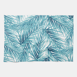 Tropical Palm Leaves Aqua Watercolor Kitchen Towel