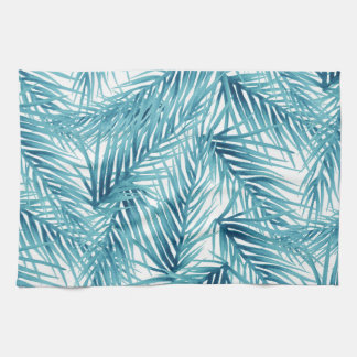 Tropical Palm Leaves Aqua Watercolor Kitchen Towel