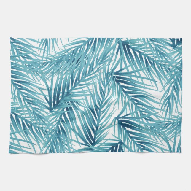 Tropical Palm Leaves Aqua Watercolor Kitchen Towel (Horizontal)