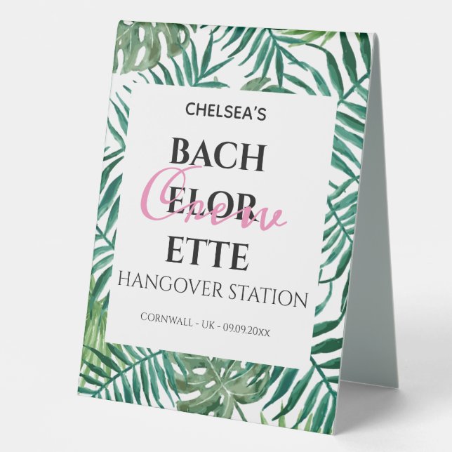Tropical Palm Leaves Bachelorette Hangover Station Table Tent (Front)