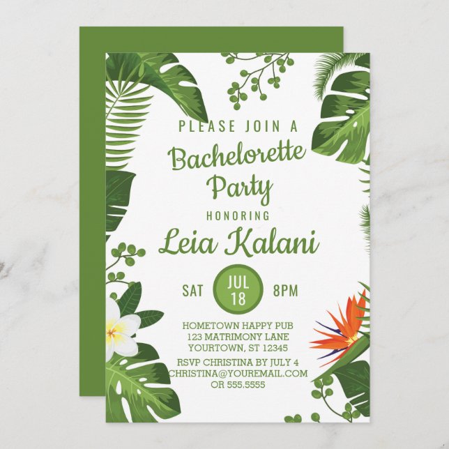 Tropical Palm Leaves Bachelorette Party Invitation (Front/Back)