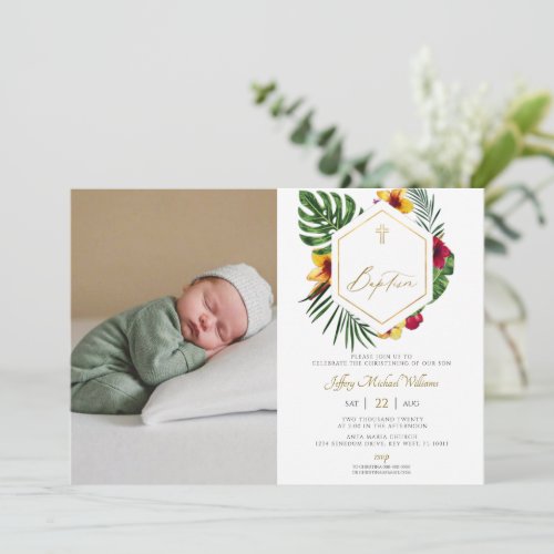 Tropical Palm Leaves Baptism Invitation With Photo