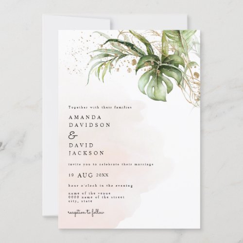 Tropical Palm Leaves Beach Gold Wedding Invitation