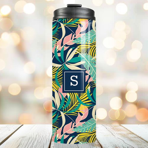Tropical Palm Leaves Beach Pattern Monogrammed Thermal Tumbler