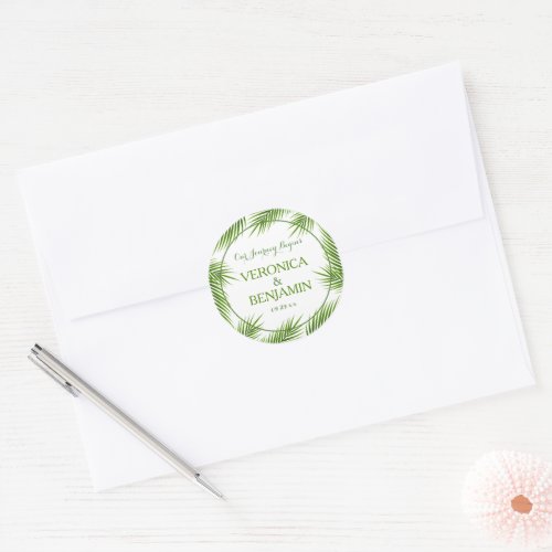 Tropical Palm Leaves Beach Wedding Classic Round Sticker