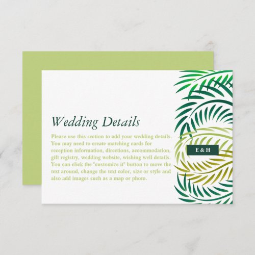 Tropical Palm Leaves Beach Wedding Detail Enclosure Card