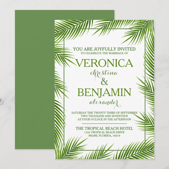 Tropical Palm Leaves Beach Wedding Invitation (Front/Back)