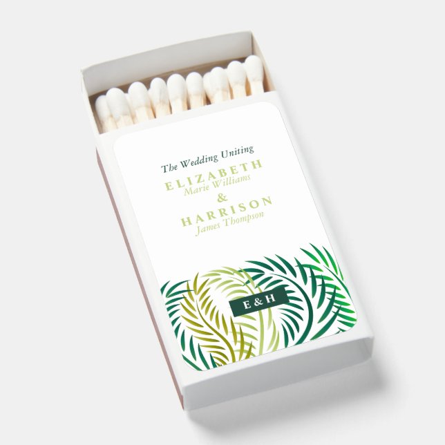 Tropical Palm Leaves, Beach Wedding Matchboxes (Front Open)