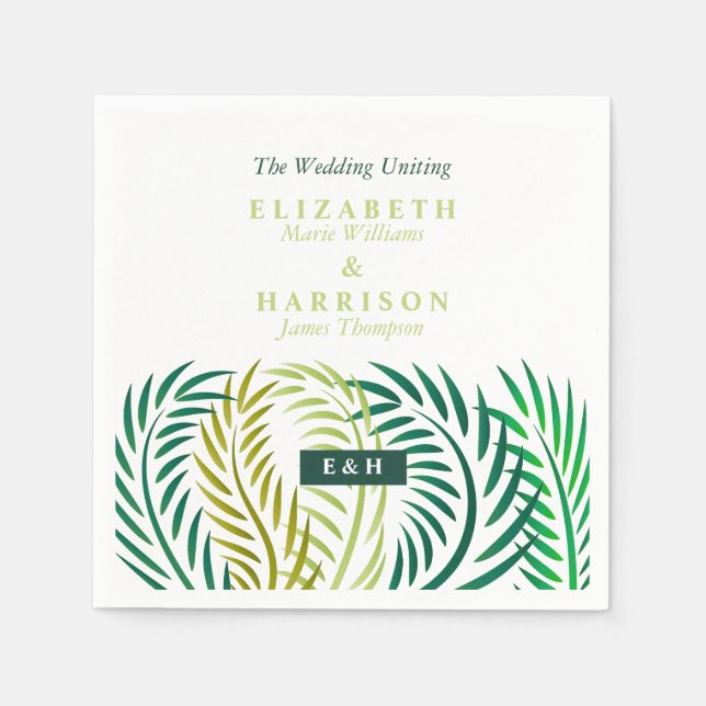 Tropical Palm Leaves, Beach Wedding Napkins (Front)