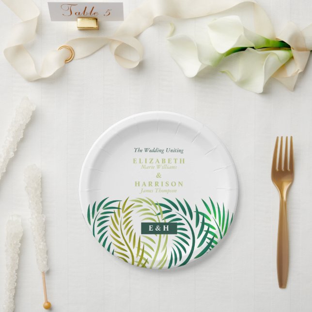 Tropical Palm Leaves, Beach Wedding Paper Plates (Wedding)
