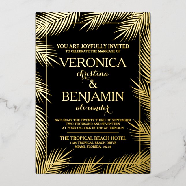 Tropical Palm Leaves Beach Wedding Real Foil Invitation (Front)