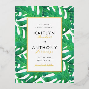 Tropical Palm Leaves Beach Wedding Save The Date Foil Invitation Postcard