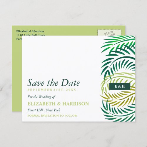 Tropical Palm Leaves Beach Wedding Save the Date Postcard
