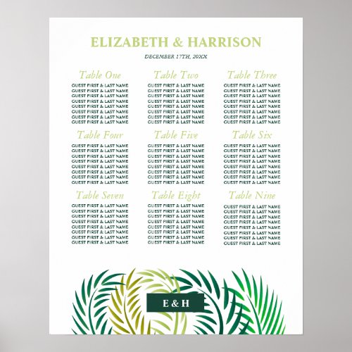 Tropical Palm Leaves Beach Wedding Seating Chart