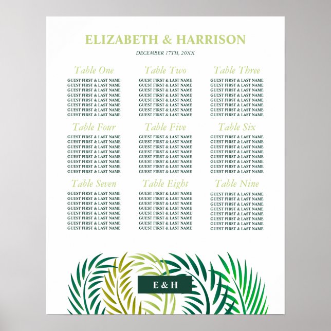 Tropical Palm Leaves, Beach Wedding Seating Chart (Front)