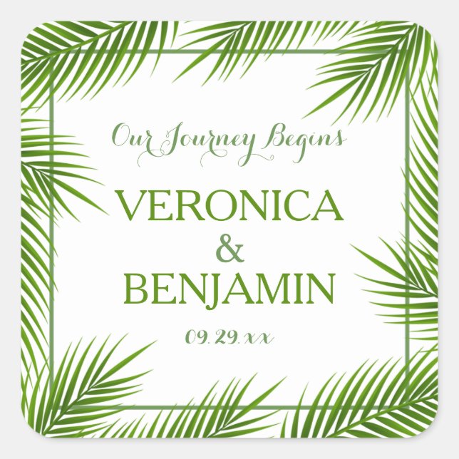 Tropical Palm Leaves Beach Wedding Square Sticker (Front)