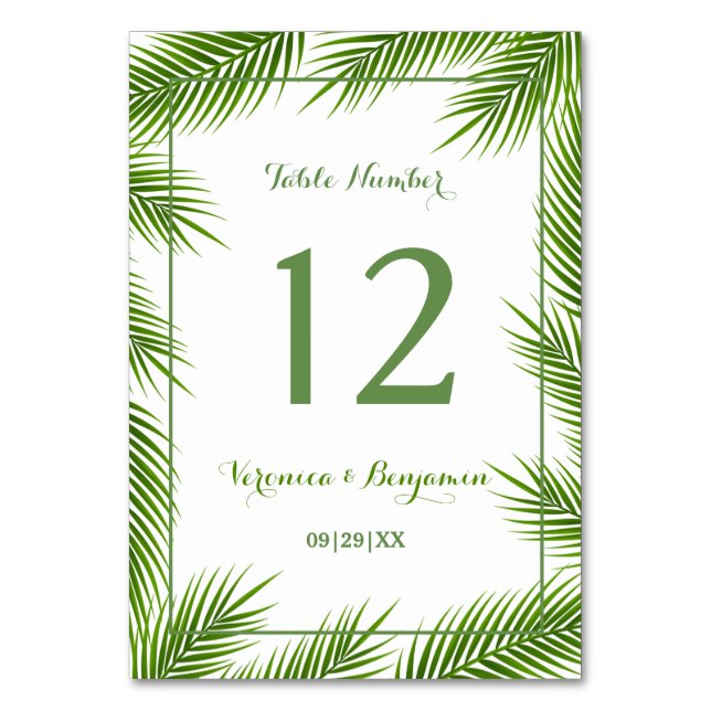 Tropical Palm Leaves Beach Wedding Table Number (Front)