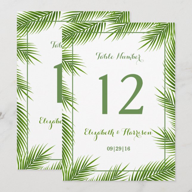 Tropical Palm Leaves Beach Wedding Table Number (Front/Back)