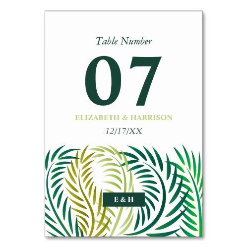 Tropical Palm Leaves Beach Wedding Table Number