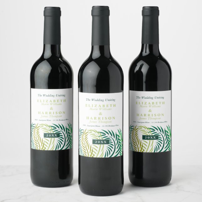 Tropical Palm Leaves, Beach Wedding Wine Label (Bottles)