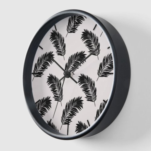 Tropical Palm Leaves Black White Clock