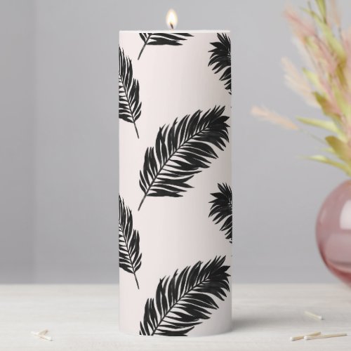 Tropical Palm Leaves Black White Pillar Candle