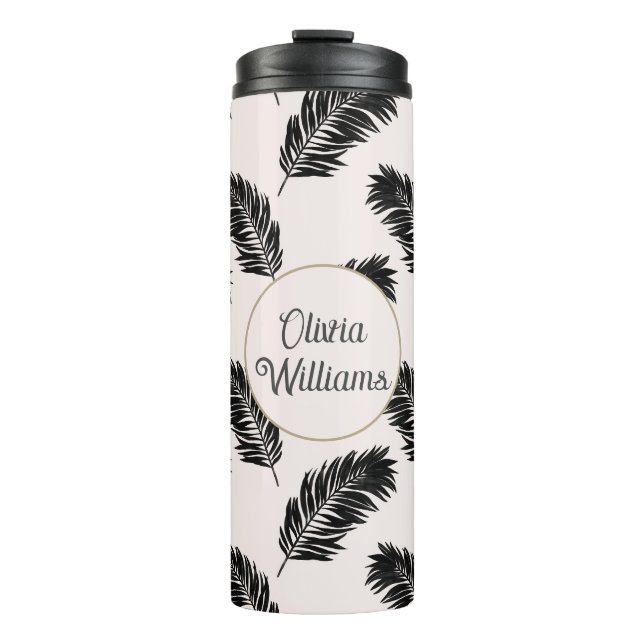 Tropical Palm Leaves Black White Thermal Tumbler (Front)