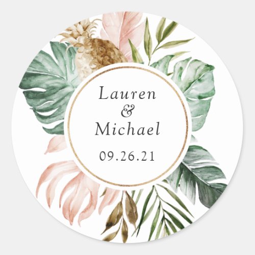 Tropical Palm Leaves Blush Greenery Modern Wedding Classic Round Sticker