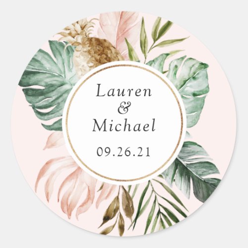 Tropical Palm Leaves Blush Greenery Modern Wedding Classic Round Sticker