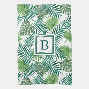 Tropical Palm Leaves Botanical Pattern Monogram Kitchen Towel