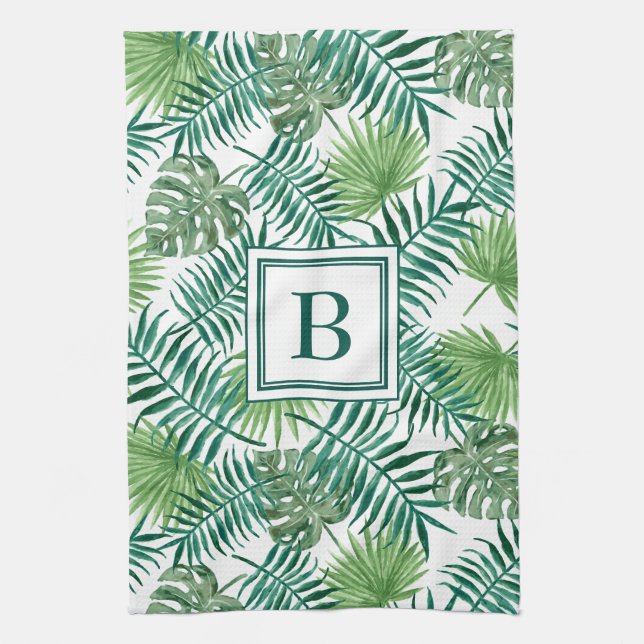 Tropical Palm Leaves Botanical Pattern Monogram Kitchen Towel (Vertical)
