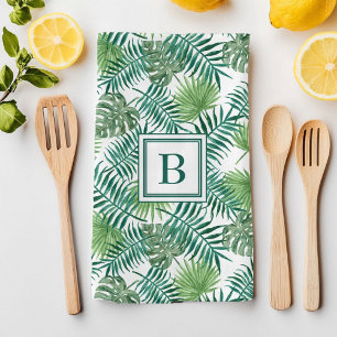 Tropical Palm Leaves Botanical Pattern Monogram Kitchen Towel