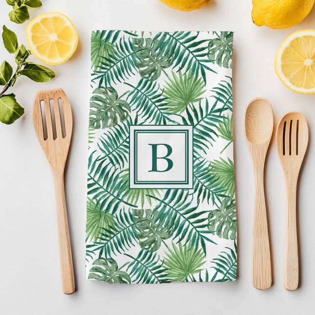 Tropical Palm Leaves Botanical Pattern Monogram Kitchen Towel (Tropical Palm Leaves Botanical Pattern Monogram Kitchen Towel)