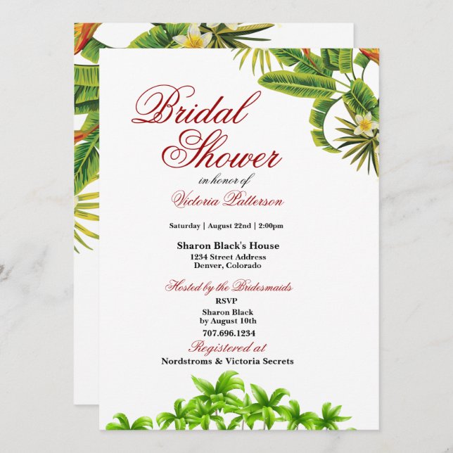 Tropical Palm Leaves Bridal Shower Invitations (Front/Back)