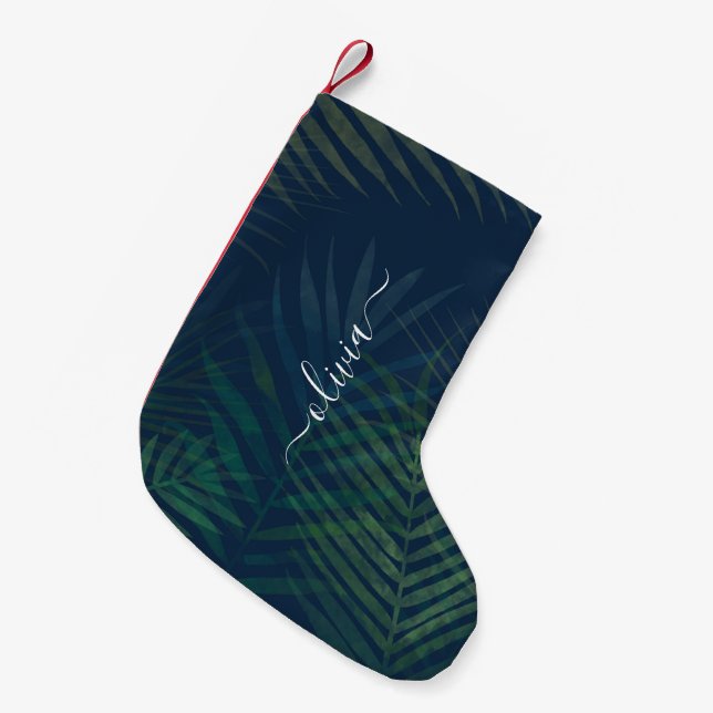 Tropical Palm Leaves Christmas Stocking – Dark  (Front (Hanging))