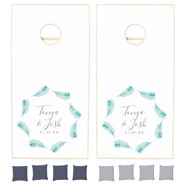 Tropical Palm Leaves Circular Logo Wedding  Cornhole Set (Set)