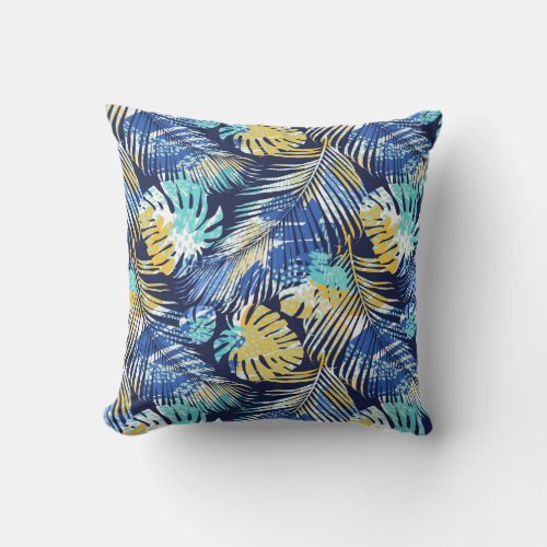 Tropical Palm Leaves Colorful Blue Green Ferns Throw Pillow