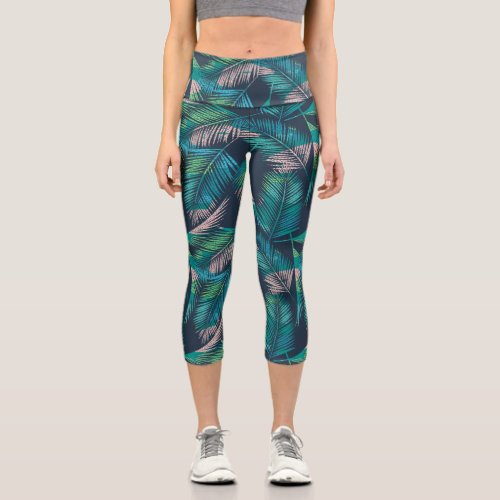 Tropical Palm Leaves Colorful Botanical Ferns Capri Leggings