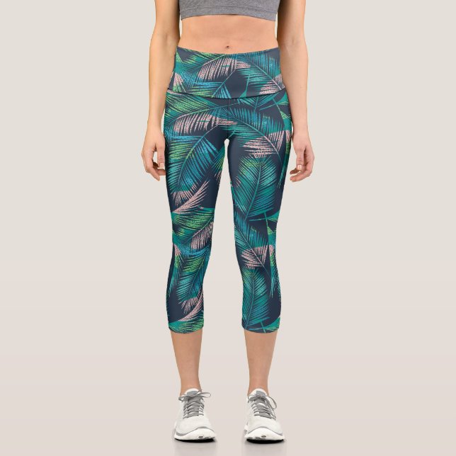 Tropical Palm Leaves, Colorful Botanical Ferns Capri Leggings (Front)