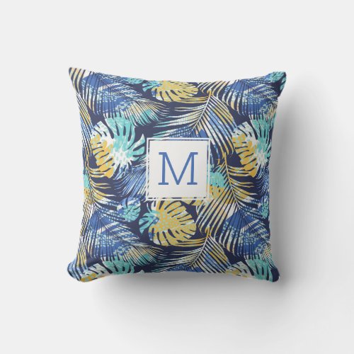 Tropical Palm Leaves Colorful Fern Custom Monogram Outdoor Pillow