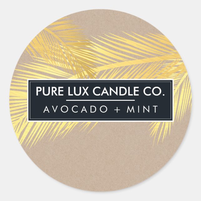 TROPICAL PALM LEAVES cool gold foil bold kraft Classic Round Sticker (Front)