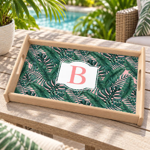 Tropical Palm Leaves Coral Pink Monogram Serving Tray