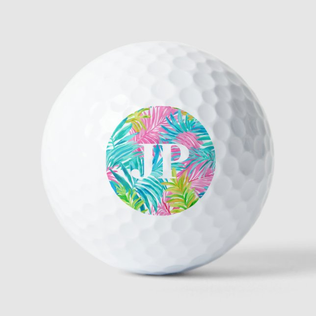 Tropical Palm Leaves Custom Monogram Gift Golf Balls (Front)
