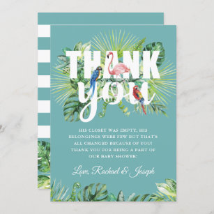 Tropical Palm Leaves Flamingo Birds Mint Green Thank You Card