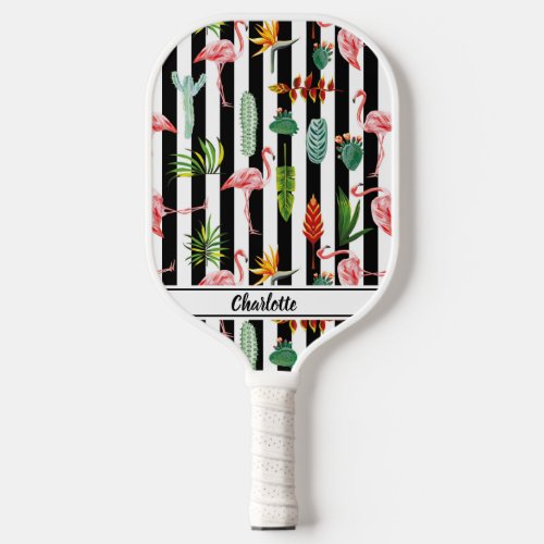 Tropical Palm Leaves Flamingo Cactus Black  White Pickleball Paddle