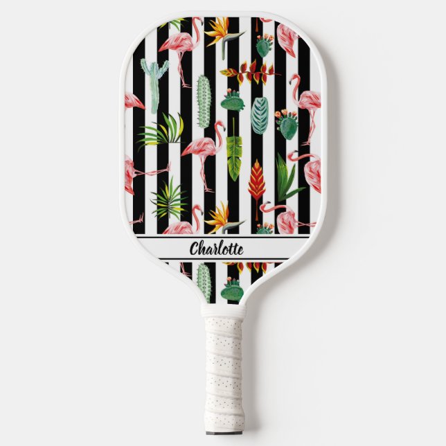 Tropical Palm Leaves Flamingo Cactus Black & White Pickleball Paddle (Front)