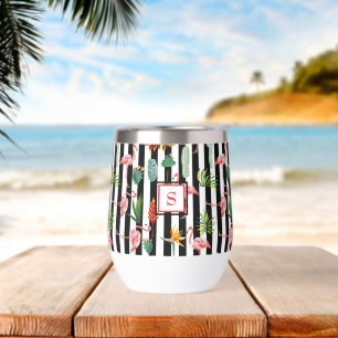 Tropical Palm Leaves Flamingo Cactus Monogrammed Thermal Wine Tumbler