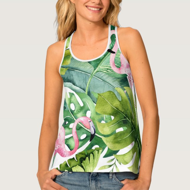 Tropical Palm Leaves & Flamingo Pattern Beachy Tank Top (Front)