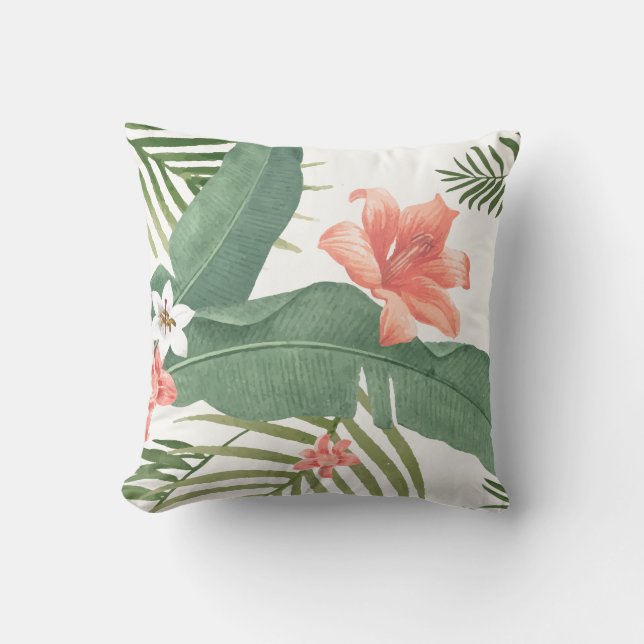 Tropical Palm Leaves Floral Watercolor Throw Pillow (Front)